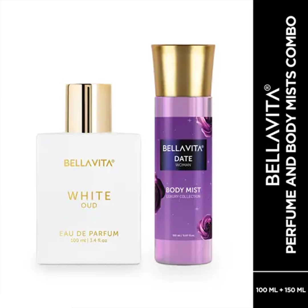 KHARIDLE Bellavita White OUD Unisex EDP Perfume 100 ML and DATE Woman Body Mist Spray 150 ML Combo