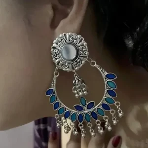 Boho Blue Mirror Chandbali Earrings